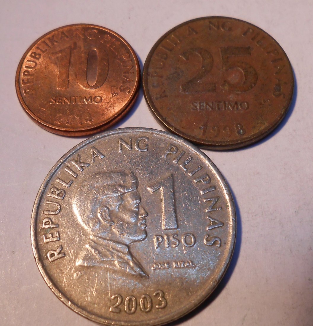  M.5.Philippinen, 3er Lot, 10 Sentimo 2014, 25 Sentimo 1998 und 1 Peso 2003   