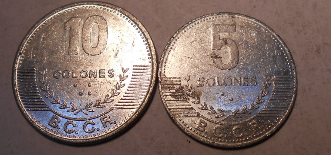  M.10.Costa Rica, 2er Lot, 5 Colones 2008 und 10 Colones 2012   