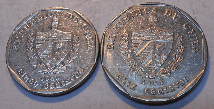  M.13.Kuba, 2er Lot, 5 Centavos 1994 und 10 Centavos 1999   