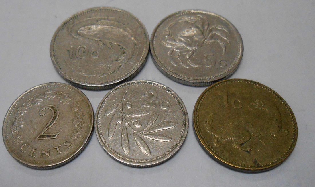  M.34.Malta, 5er Lot,1 Cent 1991, 2 Cent 1982+1993, 5 Cent 1986, 10 Cent 1986   