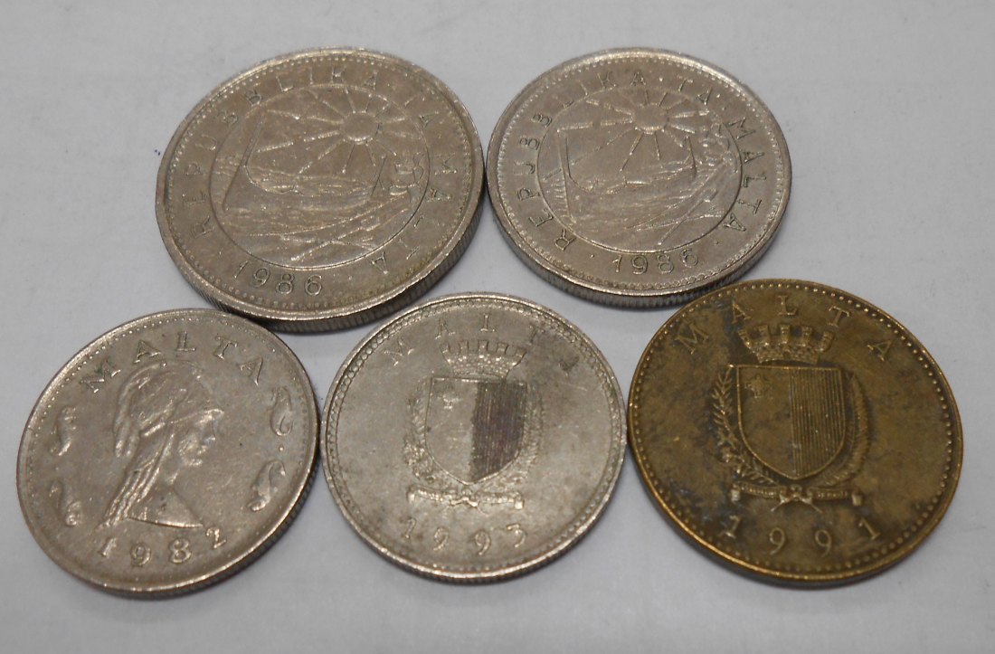  M.34.Malta, 5er Lot,1 Cent 1991, 2 Cent 1982+1993, 5 Cent 1986, 10 Cent 1986   