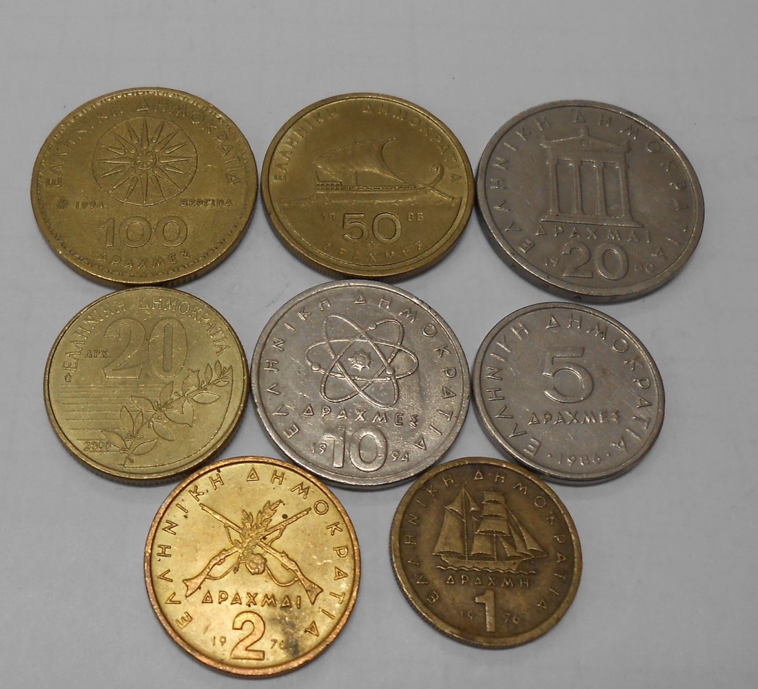  M.36.Griechenland, 8er Lot, 1 Drachmen 1976, 2 Drachmen 1976, 5 Drachmen 1986, 10 Drachmen 1994, 20   