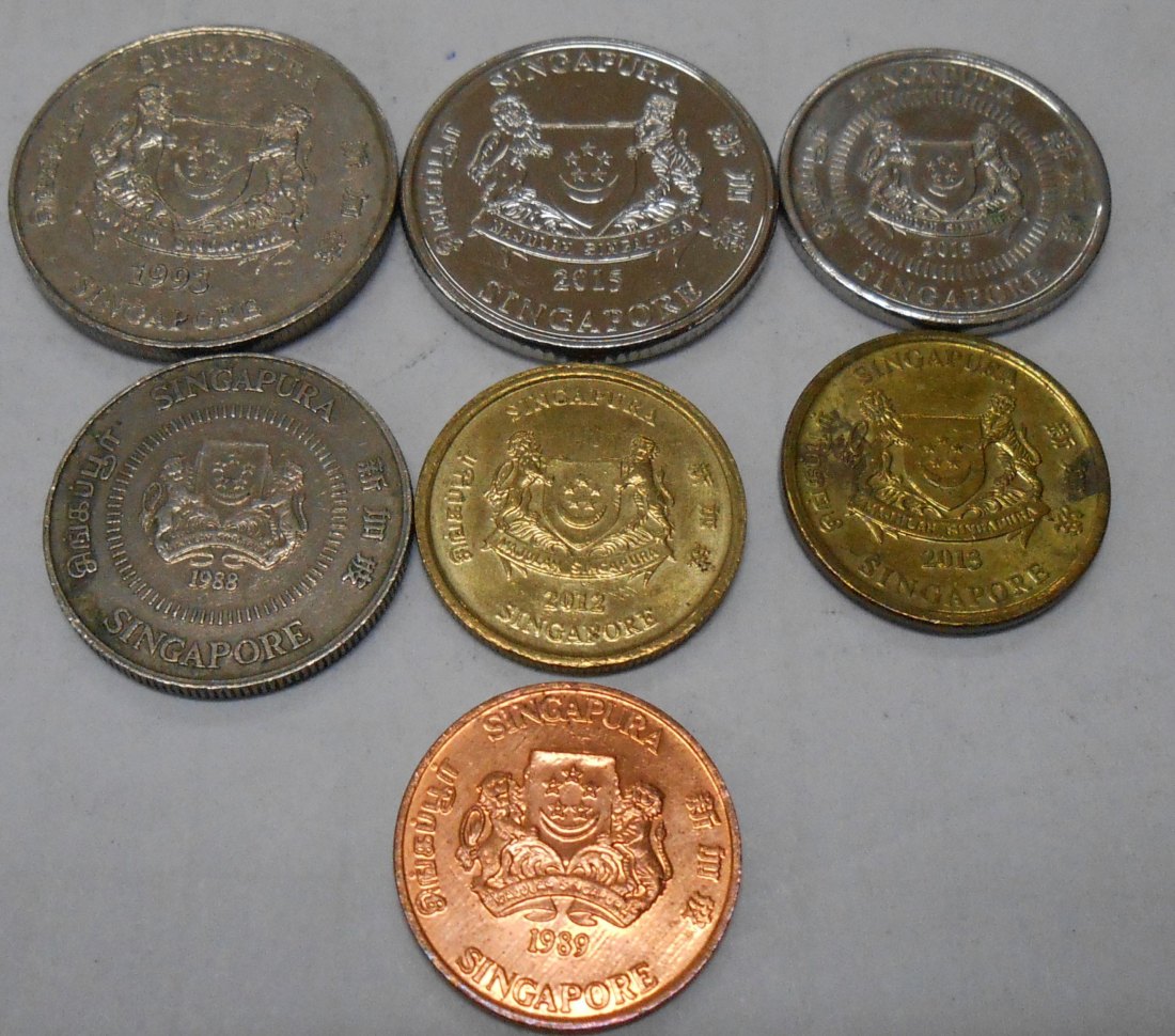  M.37.Singapur, 7er Lot, 1 Cent 1989, 2 Cent 2012+2013, 10 Cent 1988+2013, 20 Cent 1993+2015   