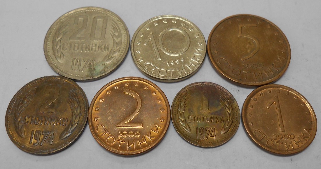 M.40.Bulgarien, 7er Lot,1 Stotinki 1974+2000,2 Stotinki 1974+2000,5 Stotinki 2000,10 Stotinki 1999