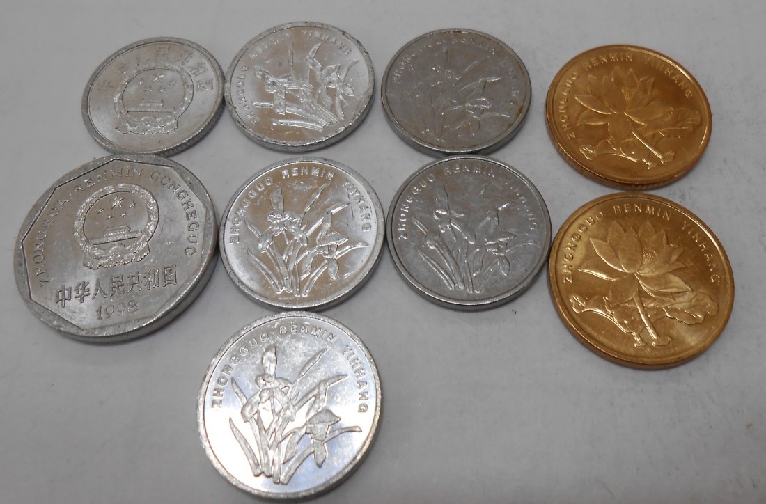  M.42.China, 9er Lot, 1 Fen 1987, 1 Jiao 1998+1999+2002+2002+2007+2011, 5 Jiao 2013+2015   