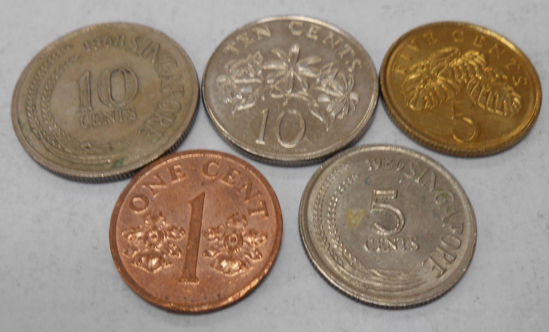  M.43.Singapur, 5er Lot, 1 Cent 1994, 5 Cents 1980+2009, 10 Cents 1968+1993   