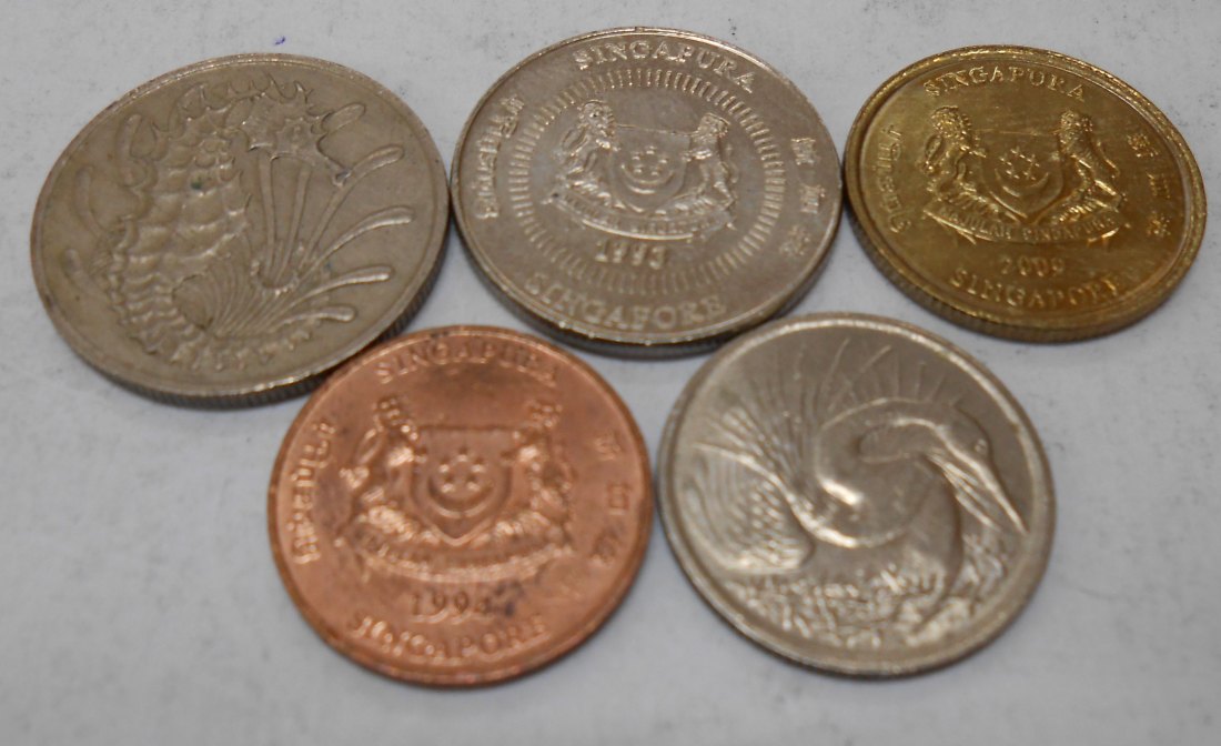  M.43.Singapur, 5er Lot, 1 Cent 1994, 5 Cents 1980+2009, 10 Cents 1968+1993   