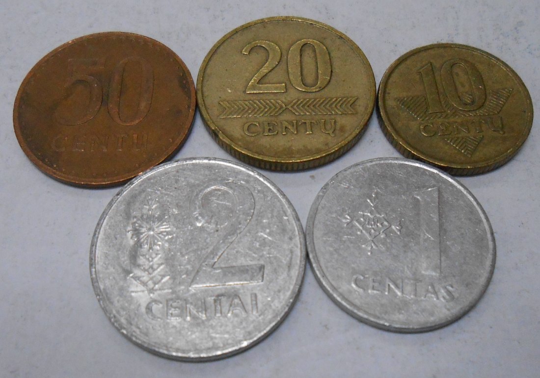 M.47.Litauen, 5er Lot, 1 Centas 1991, 2 Centai 1991, 10 CENTŲ 1998, 20 CENTŲ 1997, 50 CENTŲ 1991