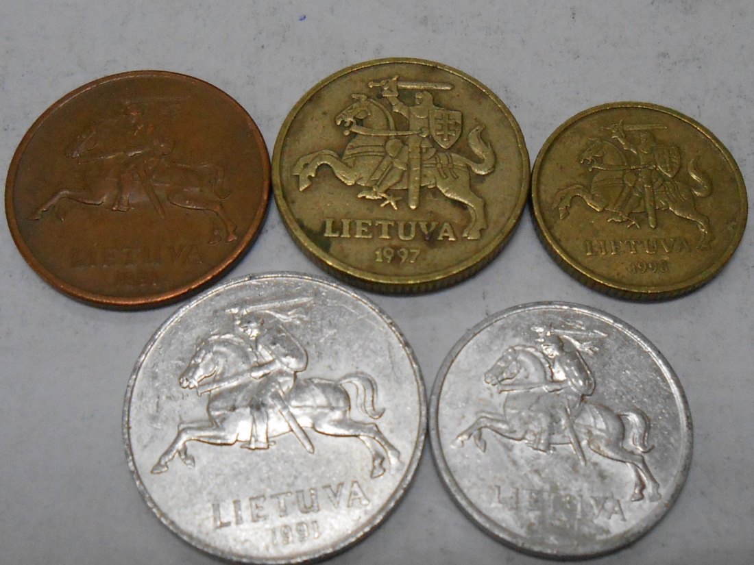  M.47.Litauen, 5er Lot, 1 Centas 1991, 2 Centai 1991, 10 CENTŲ 1998, 20 CENTŲ 1997, 50 CENTŲ 1991   