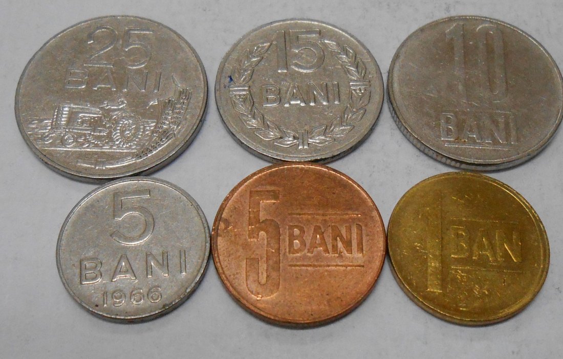 M.48.Rumänien, 6er Lot, 1 Bani 2011, 5 Bani 1966+2014, 10 Bani 2009, 15 Bani 1966, 25 Bani 1966