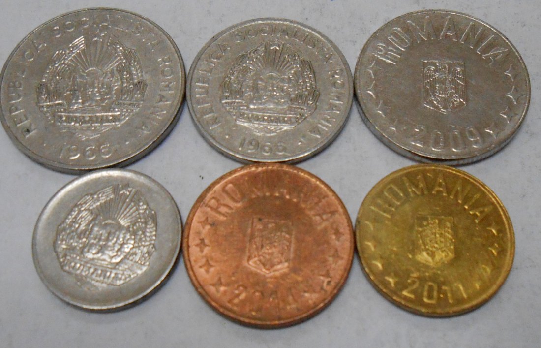  M.48.Rumänien, 6er Lot, 1 Bani 2011, 5 Bani 1966+2014, 10 Bani 2009, 15 Bani 1966, 25 Bani 1966   