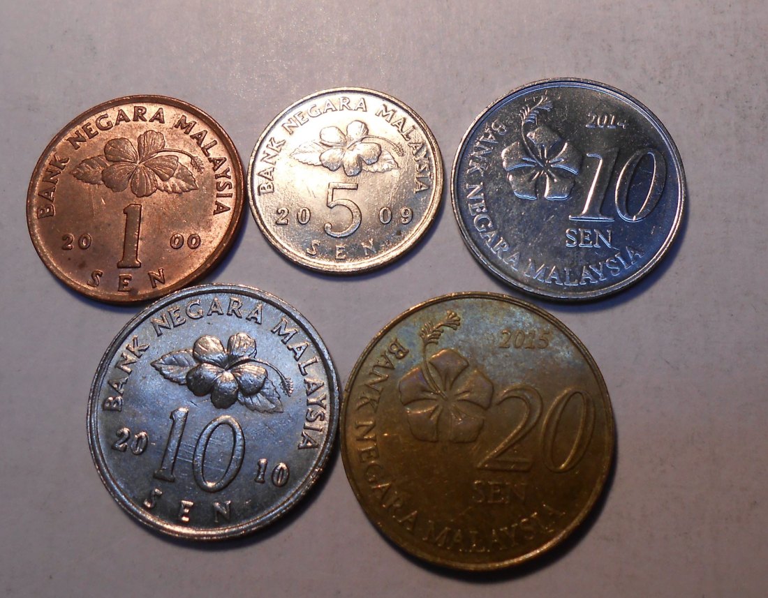  M.57.Malaysia, 5er Lot, 1 Sen 2000, 5 Sen 2009, 10 Sen 2010+2014, 20 Sen 2015   