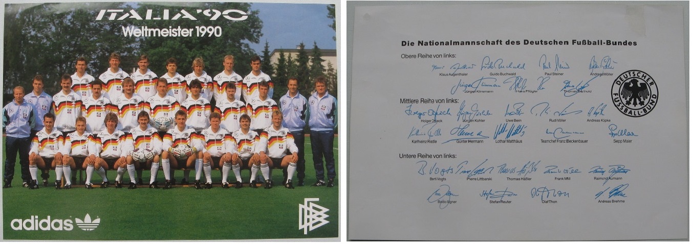  1990 Italien-FIFA Fussball-WM–Weltmeister:Plakat mit den Autogrammen deutscher Fußballer   