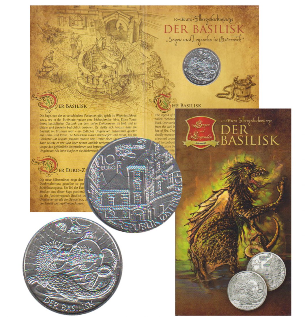 Offiz 10-Euro-Silbermünze Österreich *Der Basilik* 2009 *hgh* max 30.000St! 1. Ausgabe d. Serie   