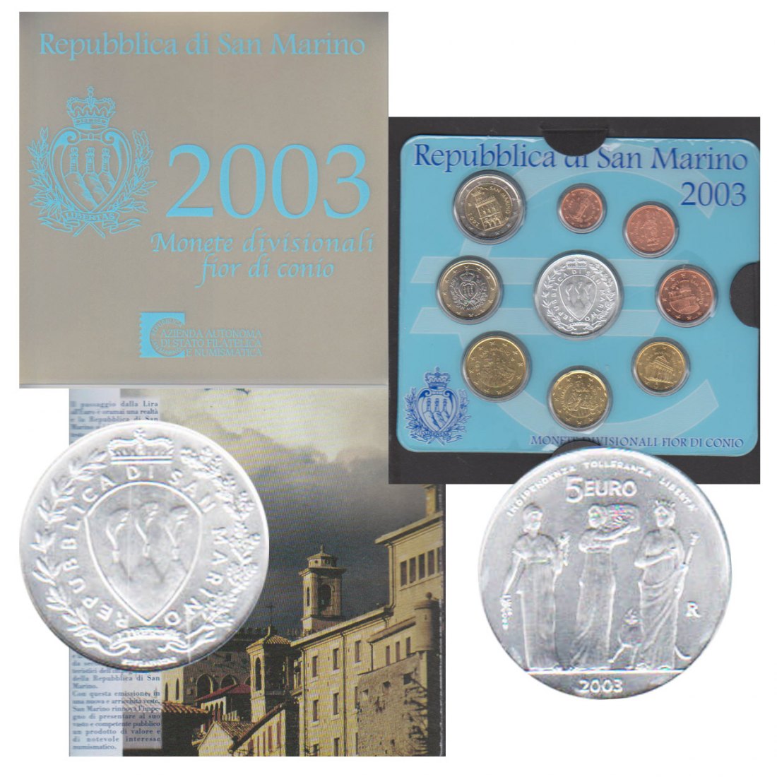  Offiz. Euro-KMS San Marino *1700 Jahre Republik San Marino* 2003 mit 5-Euro-Silbermünze   