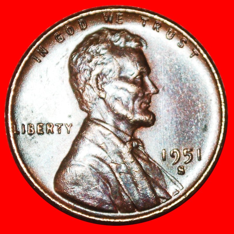  * WEIZEN PENNY (1909-1958): USA ★ 1 CENT 1951S! LINCOLN (1809-1865)★OHNE VORBEHALT!   