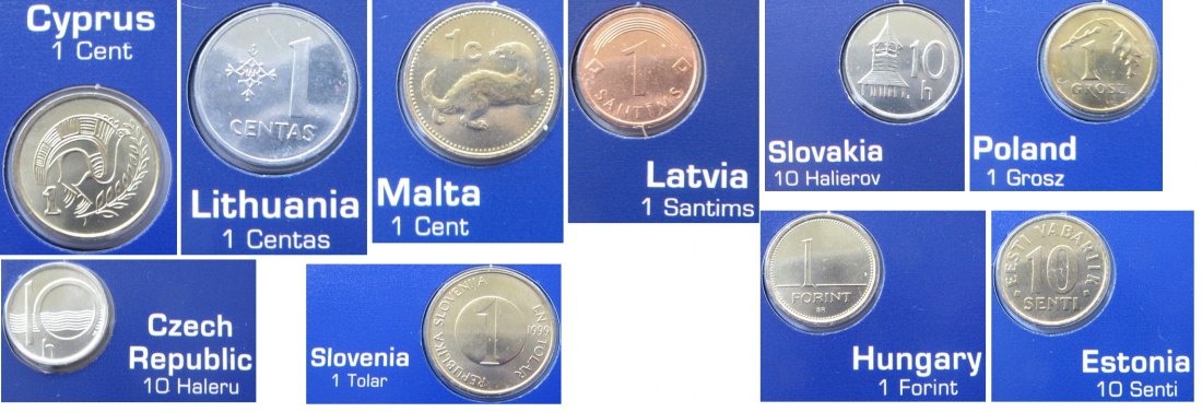  2004, ein Satz  mit 10 Nationalmünzen - Die letzten Nationalmünzen der 10 neuen EU-Mitglieder   