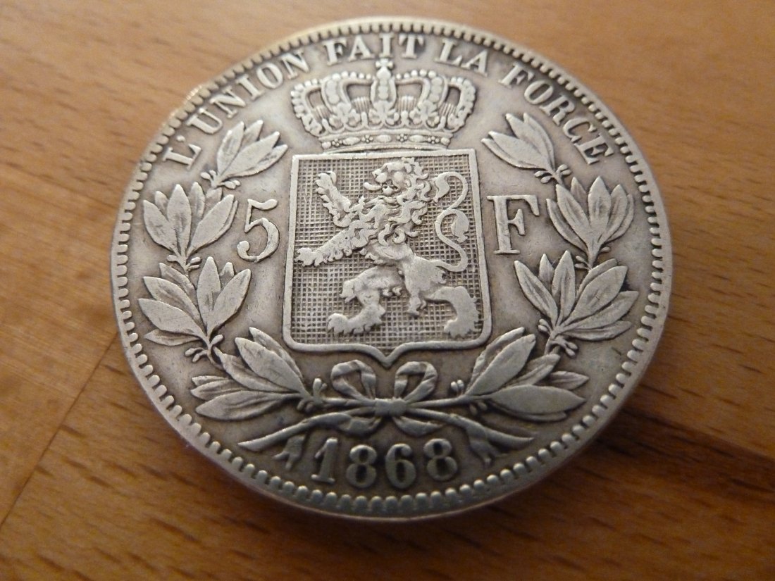  Belgien 5 Francs 1868 (S) Leopold II. (1865-1909) ROI DES BELGES   