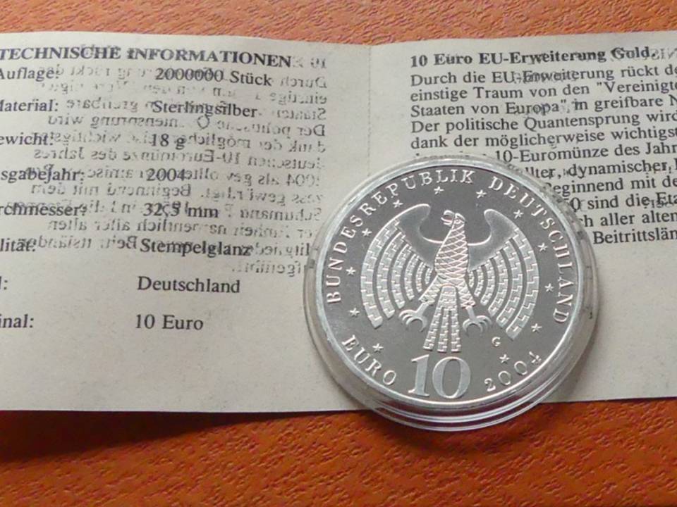  10 Euro BRD 2004 Silber „EU-Erweiterung“ mit Teilvergoldung , mit Zertifikat   