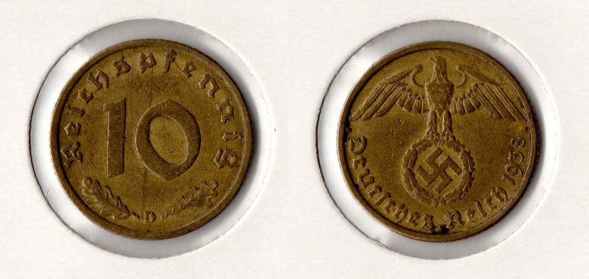  III. Reich 10 Reichspfennig 1938 -D- ss-vz Jaeger 364.   