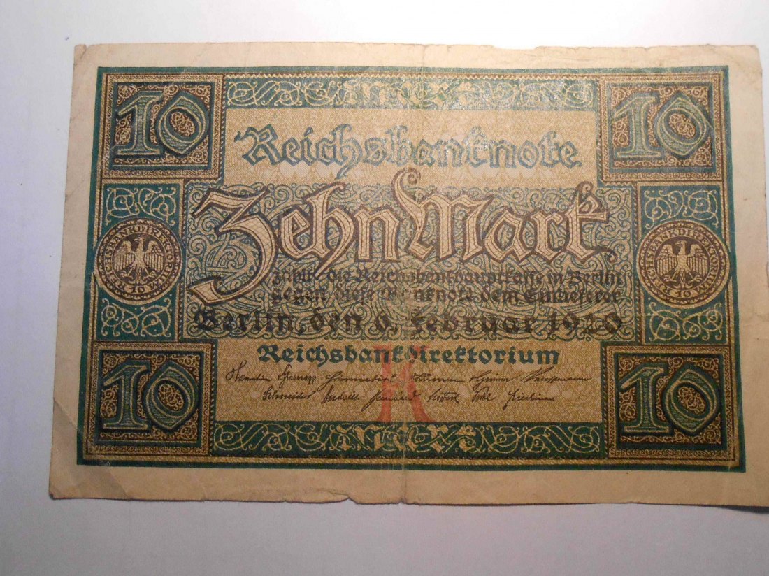 Banknote(1)Weimarer Republik 10 Mark, Reichsbanknote, 6. Februar 1920 Ro 63a / DEU-73a   