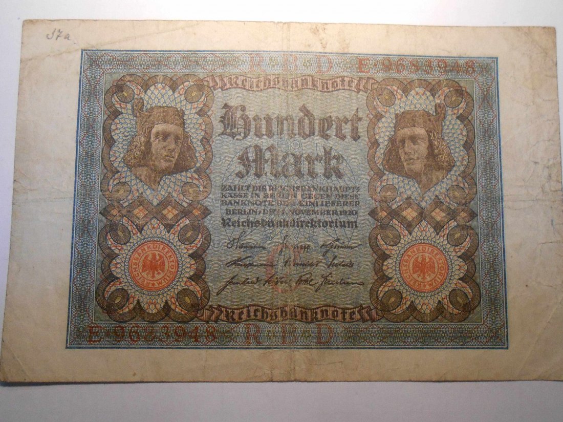  Banknote(3)Weimarer Republik 100 Mark, Reichsbanknote (RBD), 1.November 1920 Ro 67a / DEU-75a   