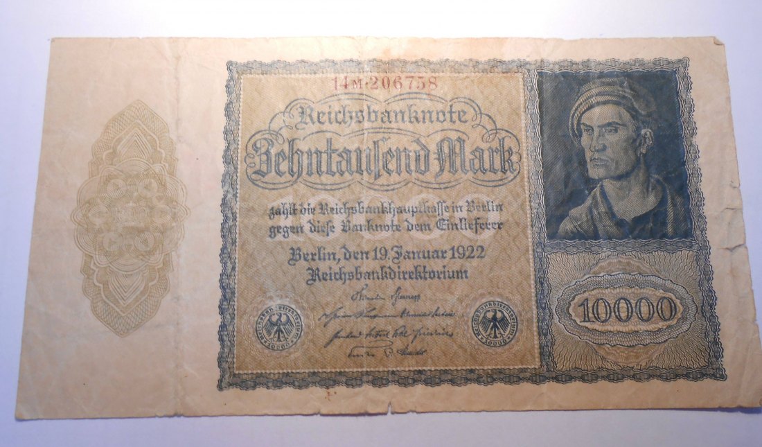  Banknote(4) Weimarer Republik 10 000 Mark, Reichsbanknote,19. Januar 1922 Ro 69c / DEU-78c   