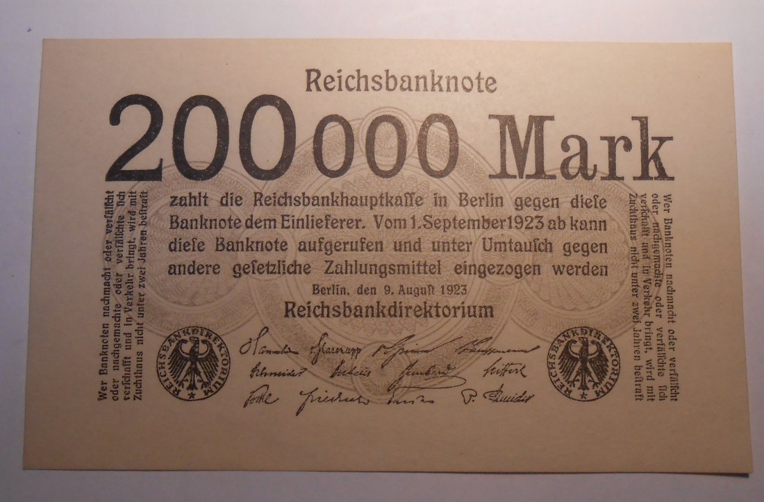  Banknote(5)Weimarer Republik 200 000 Mark, Reichsbanknote, 9. August 1923 Ro 99b / DEU-111b   