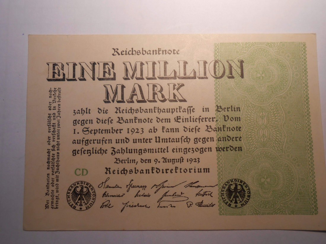  Banknote(6)Weimarer Republik  1 Mio Mark, Reichsbanknote, 9. August 1923 Ro 101b /DEU-114c   