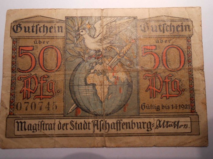  Banknote (7) Notgeld Weimarer Republik  50 Pfennig, Magistrat der Stadt Aschaffenburg,   
