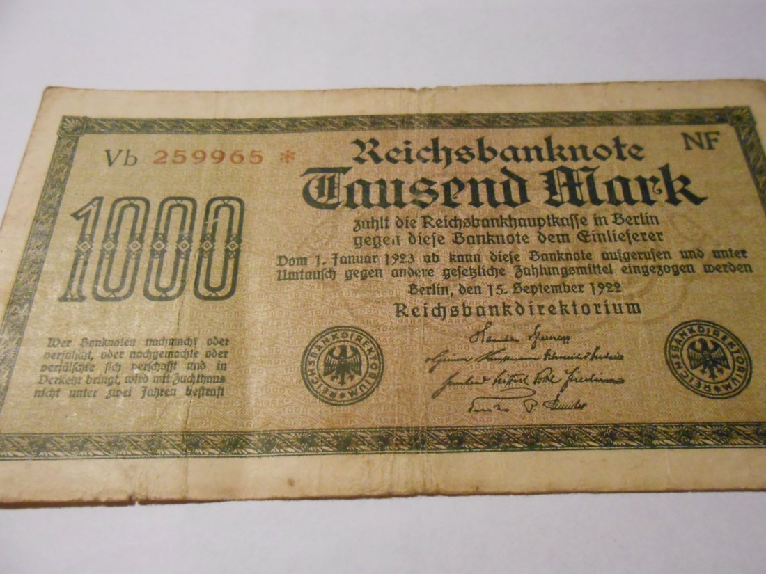 Banknote (15) Deutsches Reich, Weimarer Republik, 1000 MARK 1922, Ro 75i / DEU-84f   