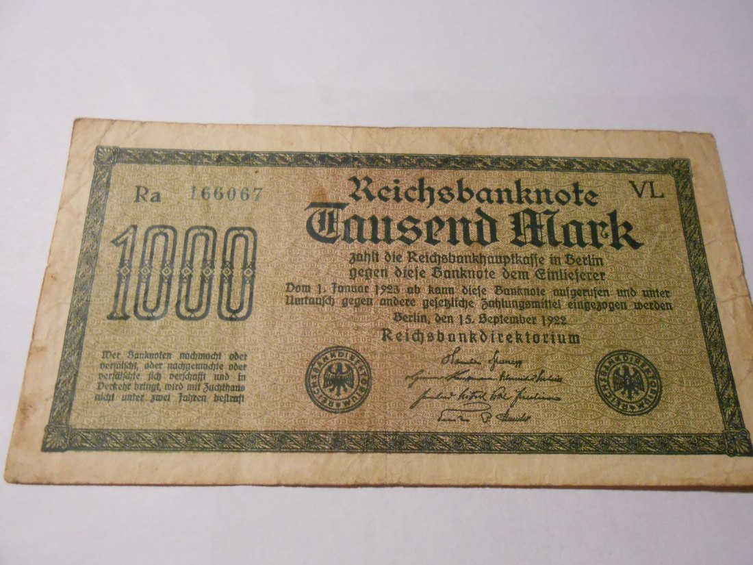  Banknote (16) Deutsches Reich, Weimarer Republik, 1000 MARK 1922, Ro 75m / DEU-84h   