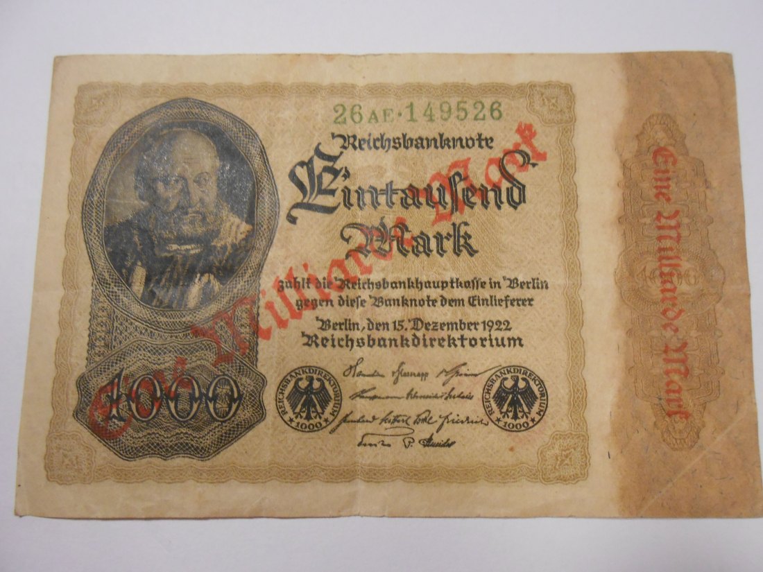  Banknote (30) Deutsches Reich, Weimarer Republik, 1 Millarde MARK 1922, Ro 110b / DEU-126b   