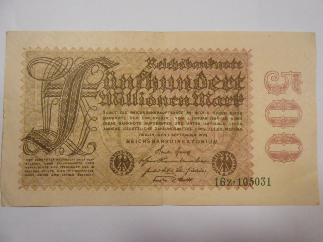  Banknote (34) Deutsches Reich, Weimarer Republik, 500 Millionen Mark 1923, Ro 109b / DEU-125a   