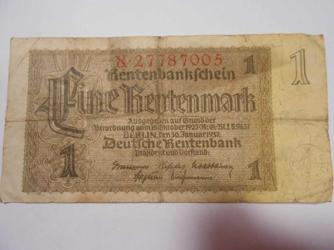  Banknote (36) Rentenbankschein Deutsches Reich, 1 MARK 1937, Ro 166b / DEU-222b   