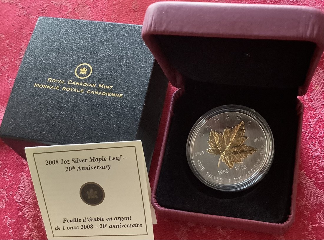  Kanada 5 Dollars Maple Leaf 2008 * 1 Unze Silber gilded * 20 Jahre Maple Leaf Bullionmünze   