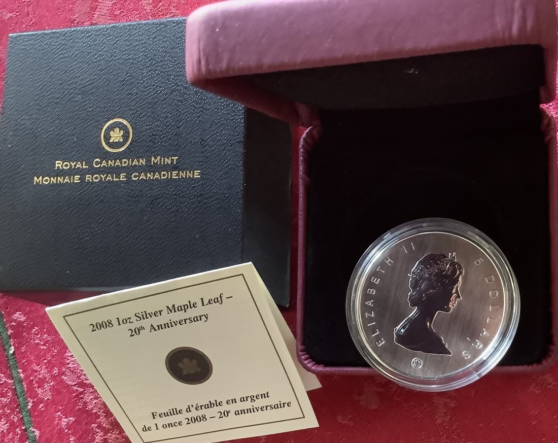  Kanada 5 Dollars Maple Leaf 2008 * 1 Unze Silber gilded * 20 Jahre Maple Leaf Bullionmünze   