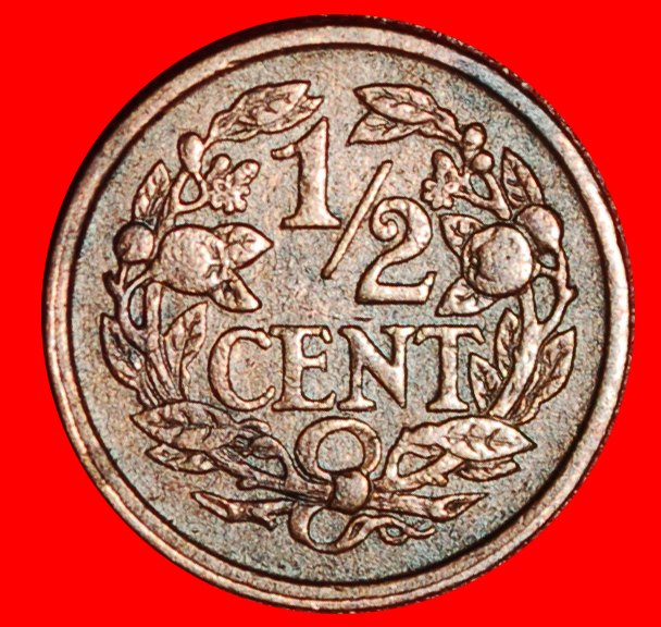  * WUCHERND LÖWE (1909-1940): NIEDERLANDE ~ 1/2 CENT 1928! WILHELMINA (1890-1948)!★OHNE VORBEHALT!   