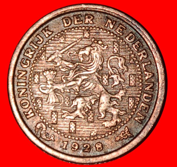  * WUCHERND LÖWE (1909-1940): NIEDERLANDE ~ 1/2 CENT 1928! WILHELMINA (1890-1948)!★OHNE VORBEHALT!   