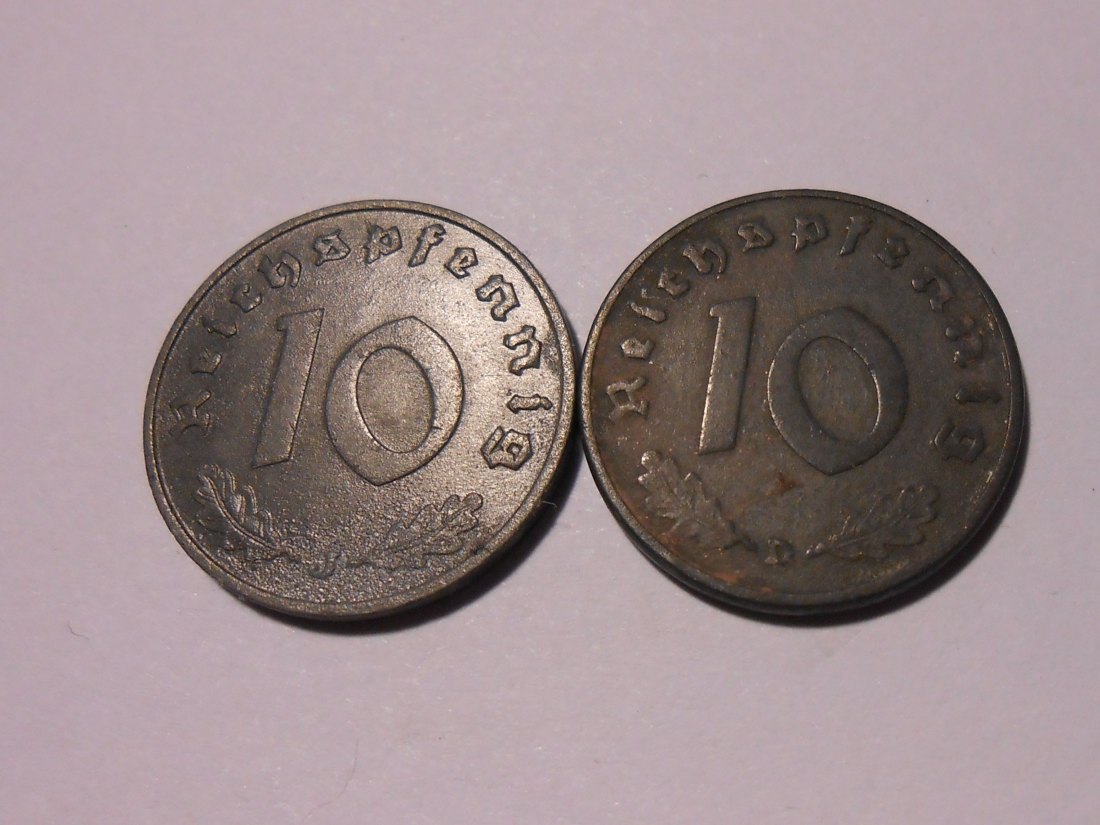  Lot 201 / Drittes Reich, 2er Lot, 2 Stück 10 Reichspfennig mit HK (Jäger 369),1940J 1942D   