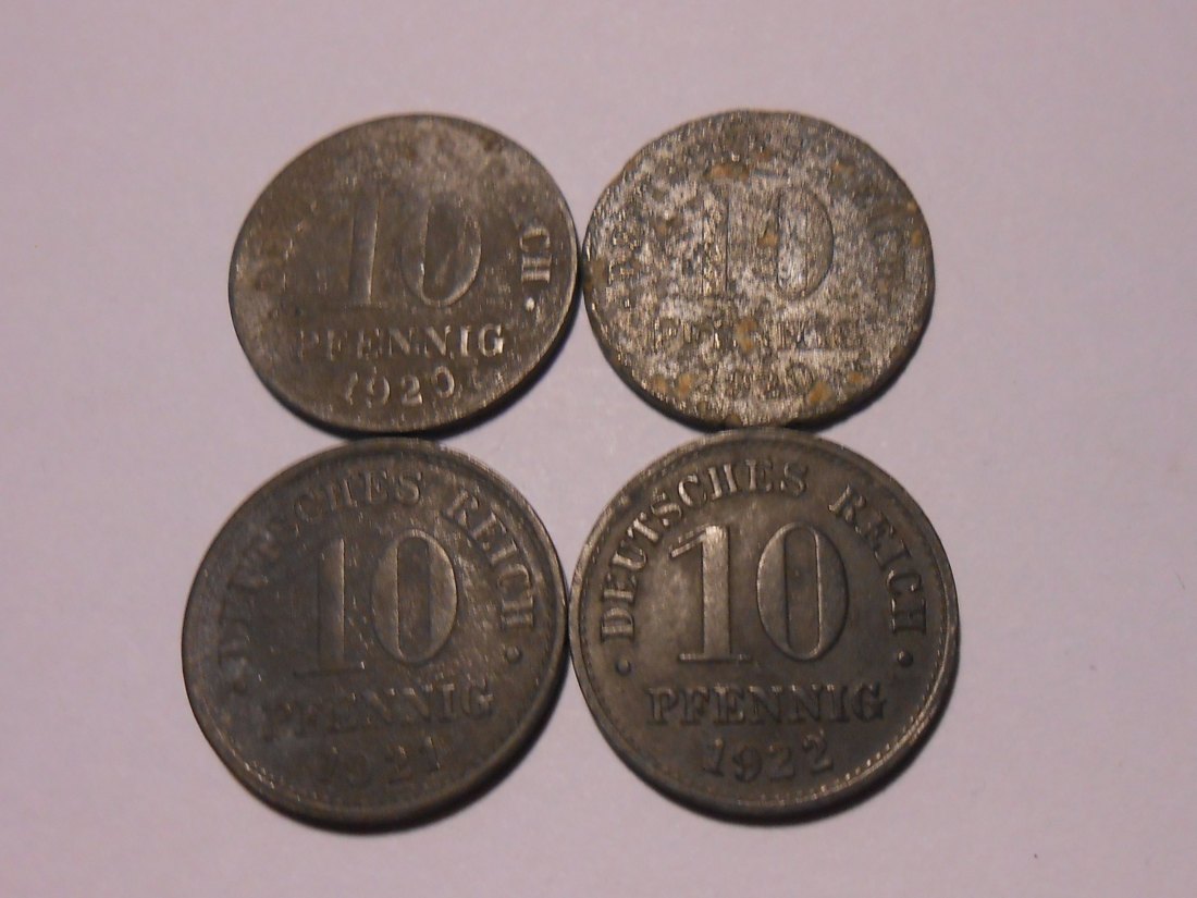  Lot 202 / Dt. Kaiserreich, 4er Lot, 10 Pfennig ohne Münzzeichen (Jäger 299), 1920 1920 1921 und 1922   