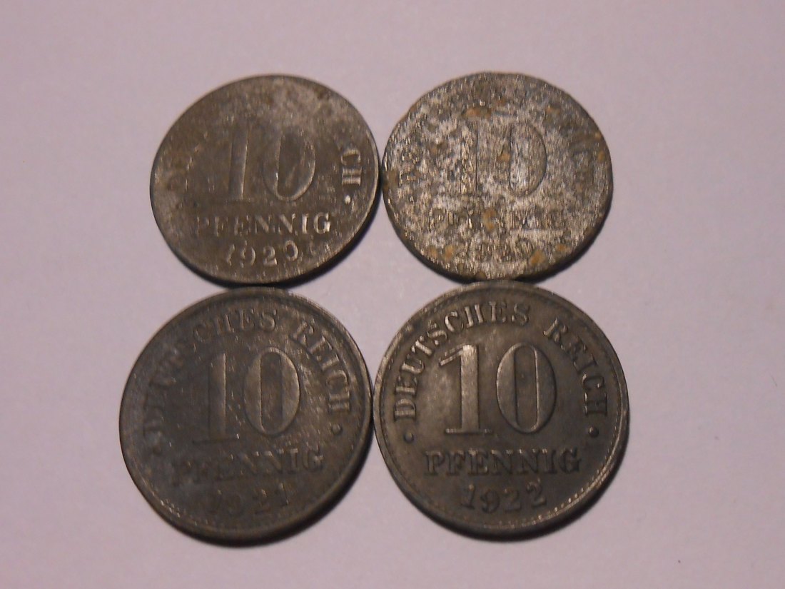  M.187 Dt. Kaiserreich, 4er Lot, 10 Pfennig ohne Münzzeichen (Jäger 299), 1920 1920 1921 und 1922   