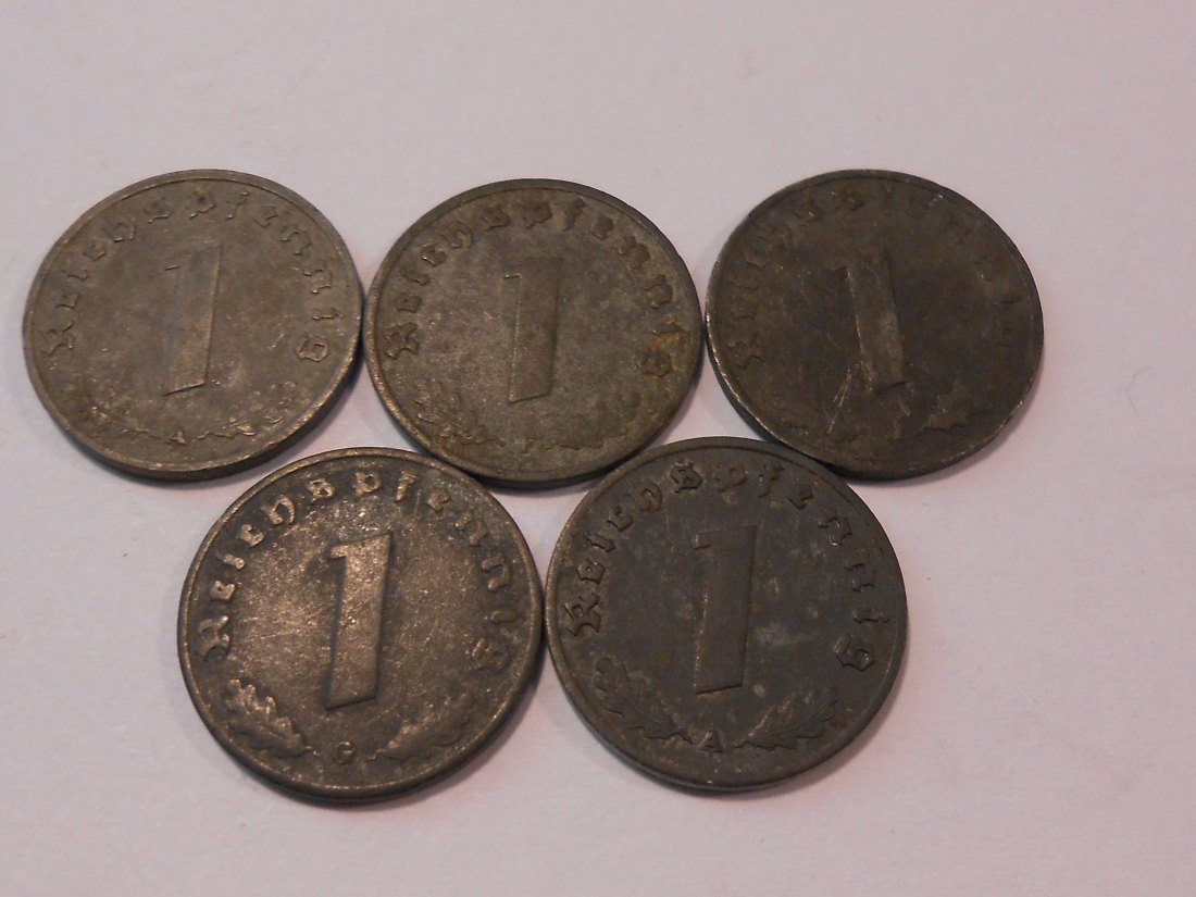  M. 503 Drittes Reich,5er Lot,1 Reichspfennig mit HK (Jäger 369),1942F 1942A 1942G 1943A 1943G   