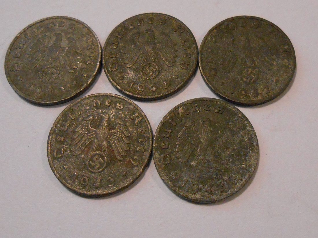  M. 503 Drittes Reich,5er Lot,1 Reichspfennig mit HK (Jäger 369),1942F 1942A 1942G 1943A 1943G   