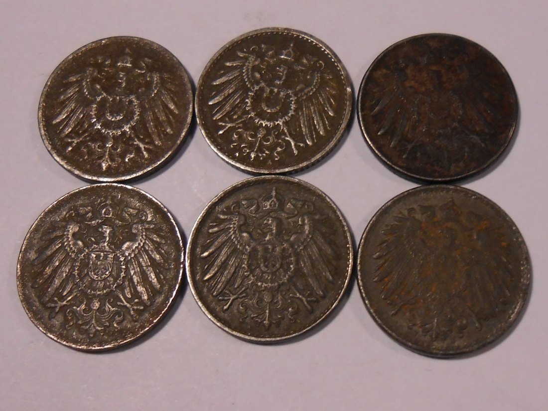  Lot 206 / Dt. Kaiserreich, 6er Lot, 5 Pfennig (Jäger 297), 1916A 1917A 1919A 1919A 1920A  1921J   