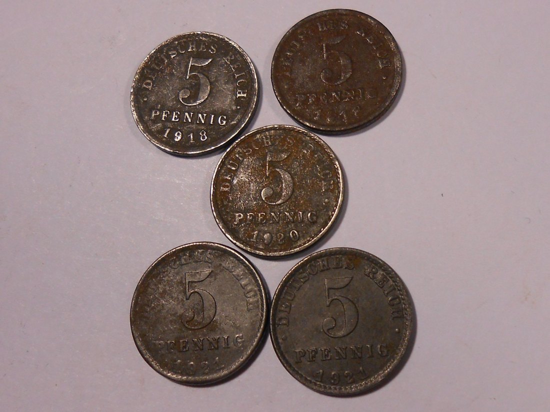 M.184 Dt. Kaiserreich, 5er Lot, 5 Pfennig 1918G 1918J 1920J 1921? 1921A   