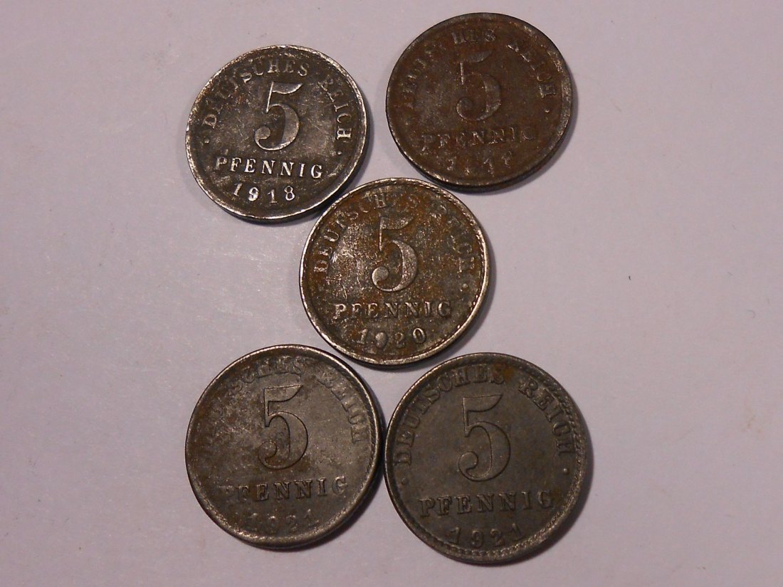  Lot 212 / Dt. Kaiserreich, 5er Lot, 5 Pfennig 1918G 1918J 1920J 1921? 1921A   