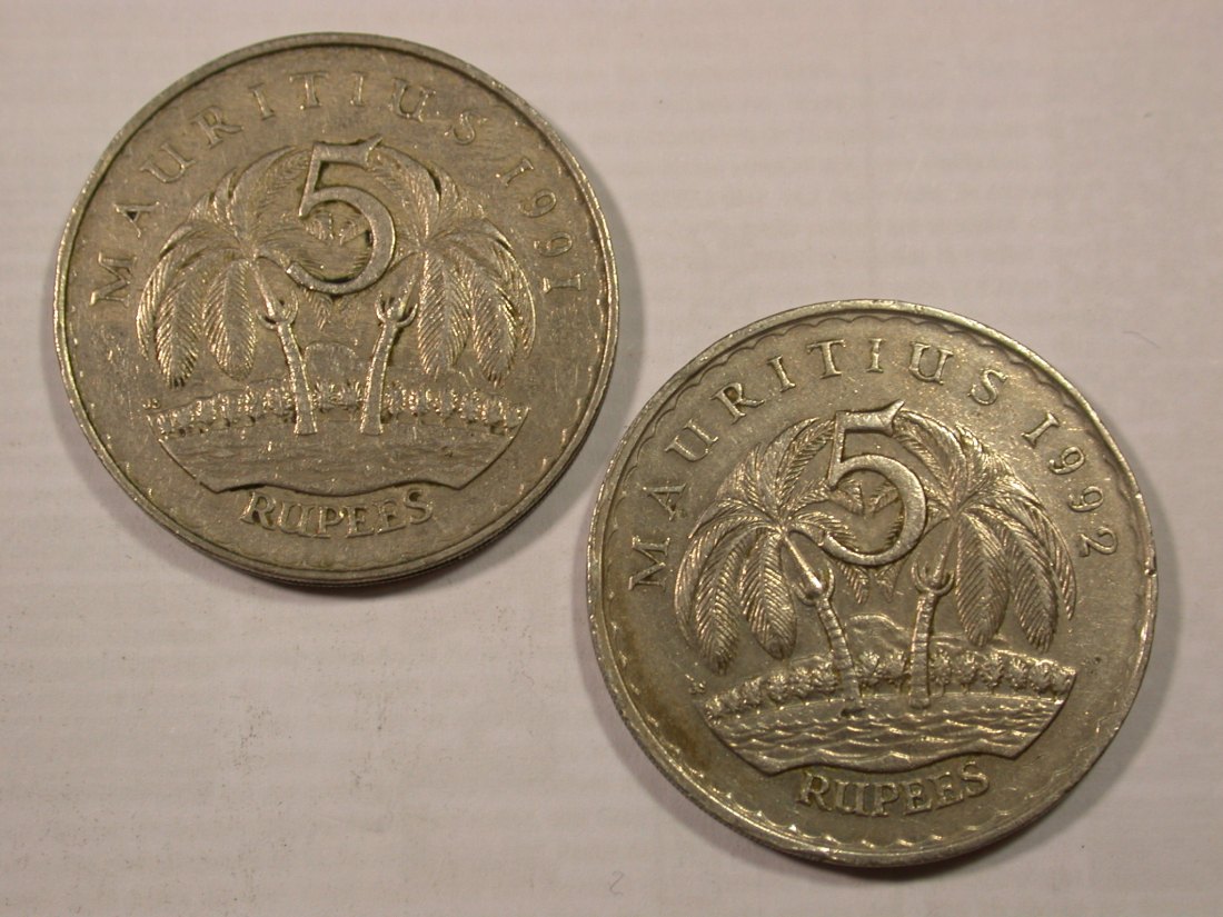 H19 Mauritius 5 Rupees 1991 + 1992 in ss Originalbilder