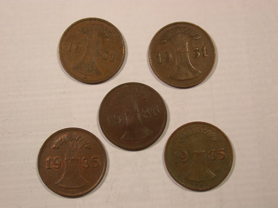 H19 Weimar 5 x 1 Pfennig 1931 A,D; 35 D,F; 36 A gewellt   Originalbilder   