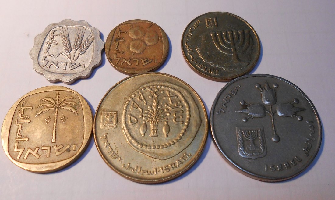  M.73. Israel, 6er Lot, 1 Agora1961, 5 Agorot1975, 10 Agorot1962+2007, 1 Lira1969, 50 Schekel 1984   